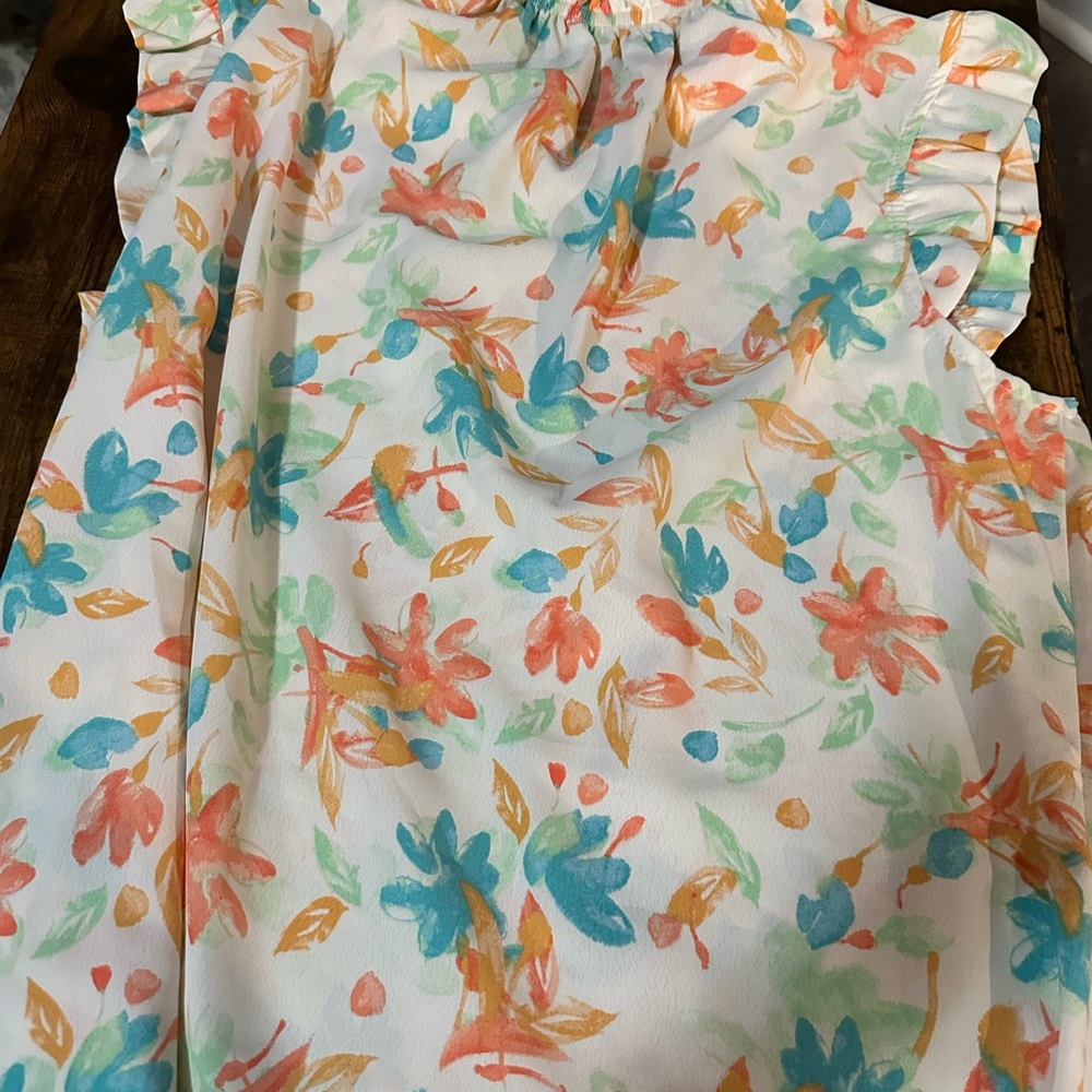 Red Dress Boutique Floral Ruffle Cap-Sleeve Top in White, Coral & Teal